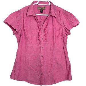 Bit & Bridle Womens XL Pink Pearl Snap Short Sleeve Ruffle Shirt Western Cowgirl